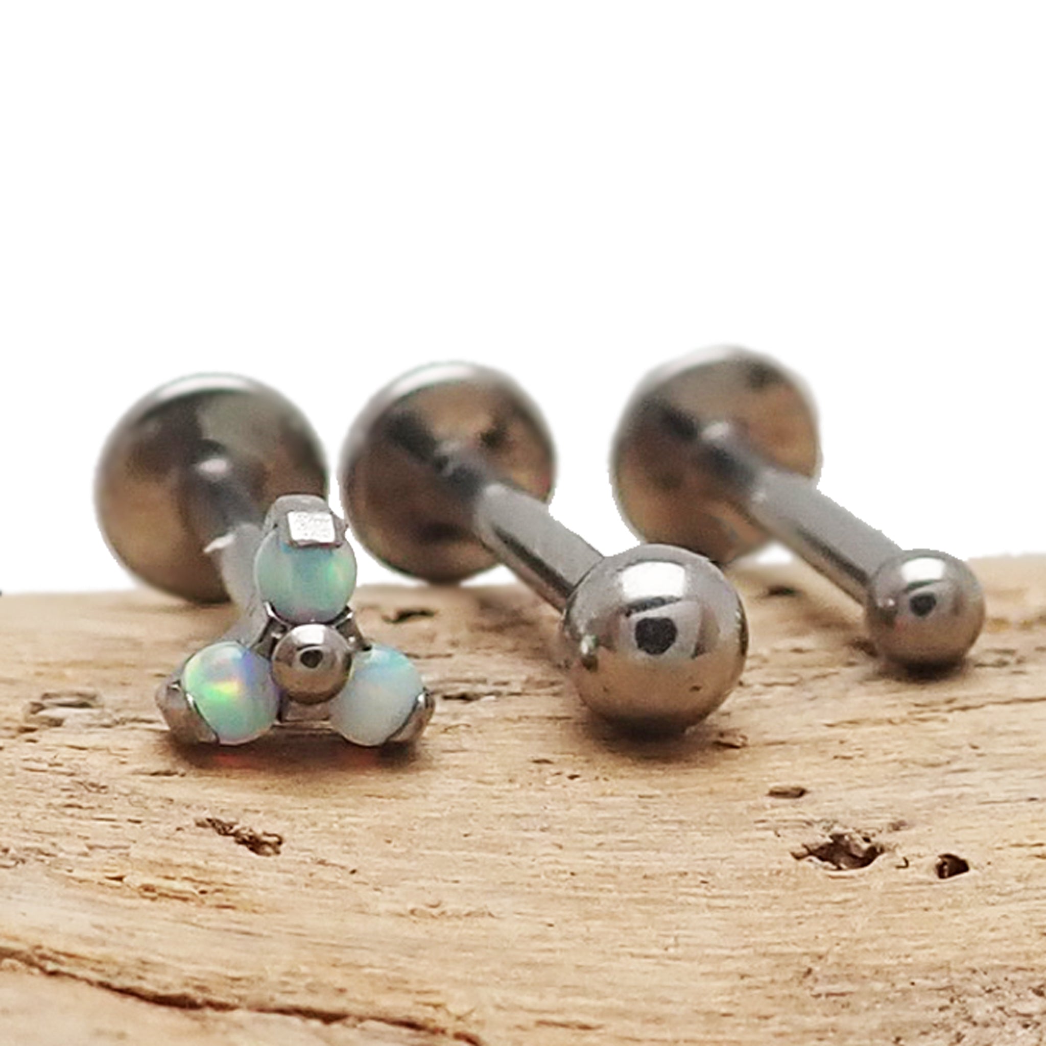 Push Fit Trio Opalite White & Titanium Balls Flatback Piercing 20g, 18g, 16g, 14g - Body Clickers Body Jewelry