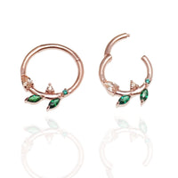 Sterling Silver 925 Leaf Hinged Clicker Emerald green CZ - Body Clickers Body Jewelry