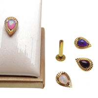 Fire Opal Teardrop, PVD Gold, internally threaded flatback - Body Clickers Body Jewelry