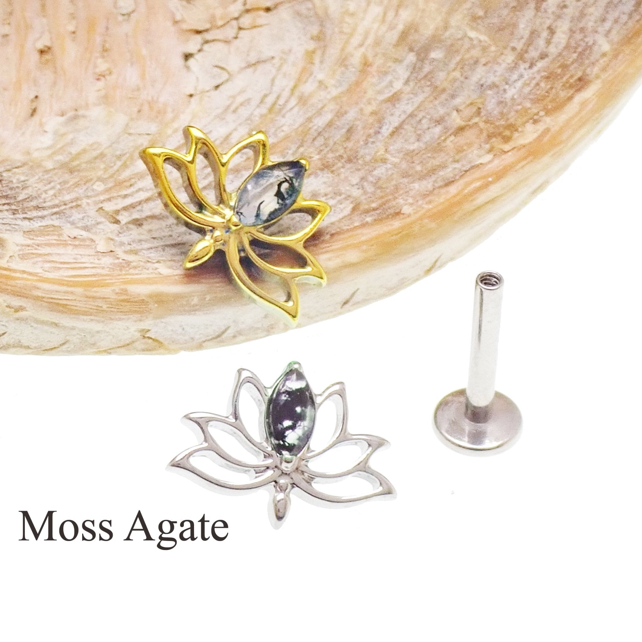 Semi - Precious Moss Agate Lotus Titanium Flatback Piercing - Body Clickers Body Jewelry