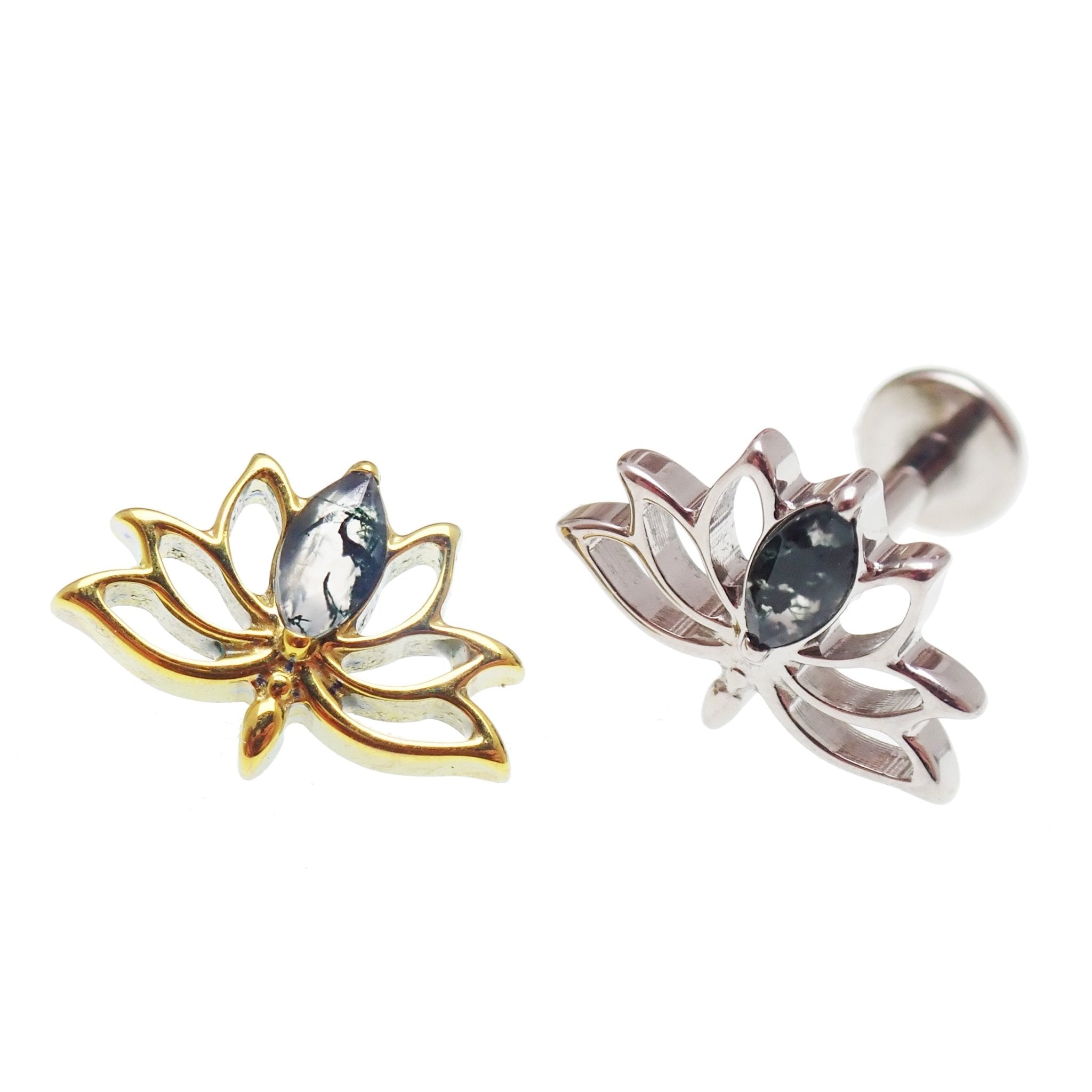 Semi - Precious Moss Agate Lotus Titanium Flatback Piercing - Body Clickers Body Jewelry