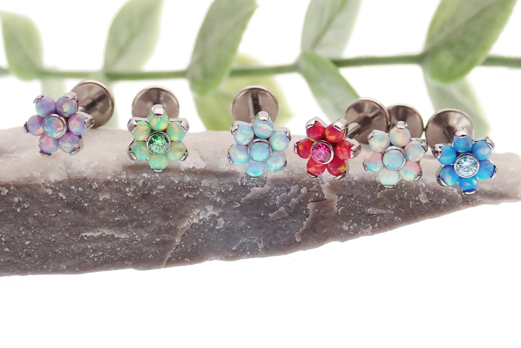 Flower Fire Opal Flat Back 14g, 16g, 18g - Body Clickers Body Jewelry
