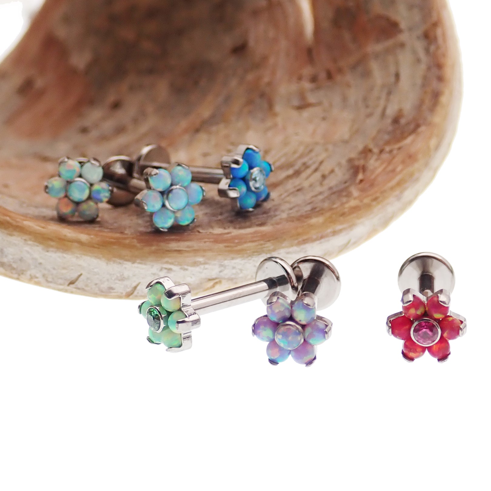 Flower Fire Opal Flat Back 14g, 16g, 18g - Body Clickers Body Jewelry