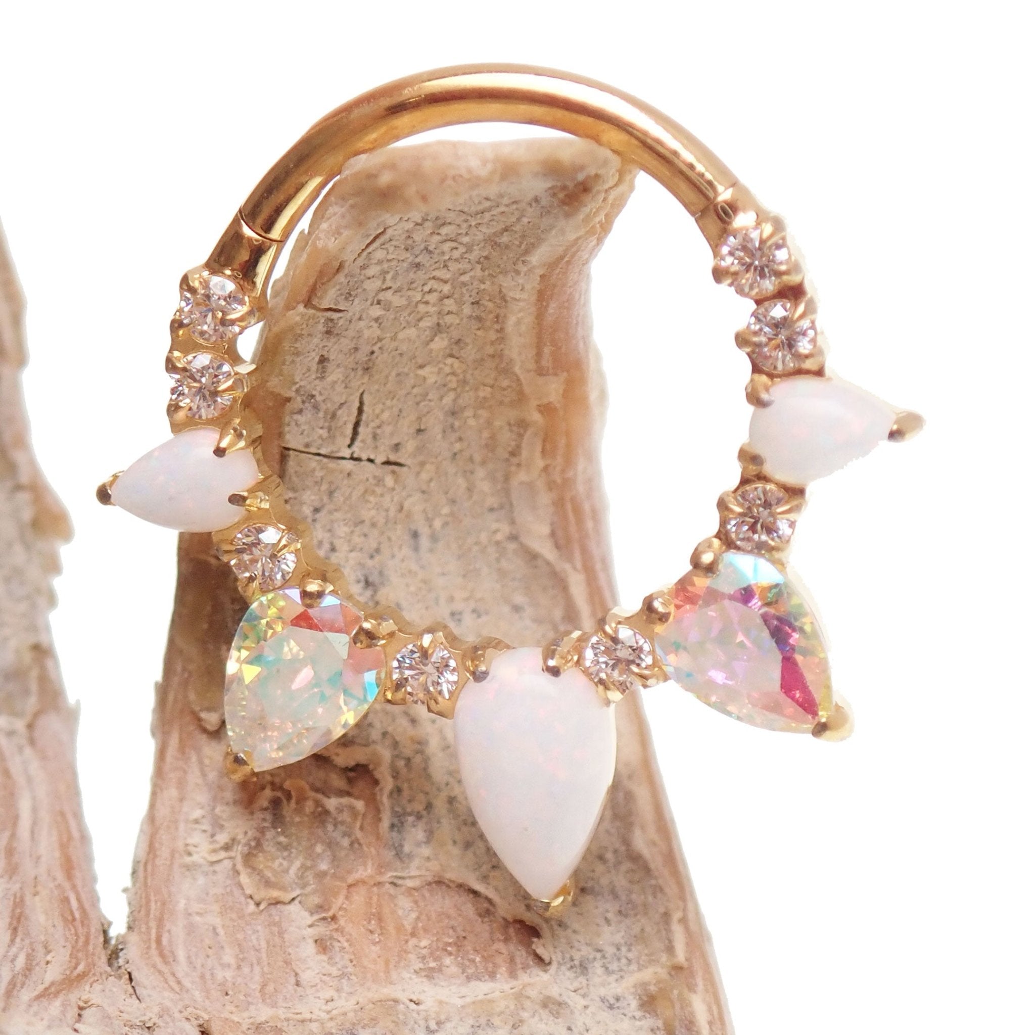 White Opal PVD gold Titanium Clicker piercing - Body Clickers Body Jewelry