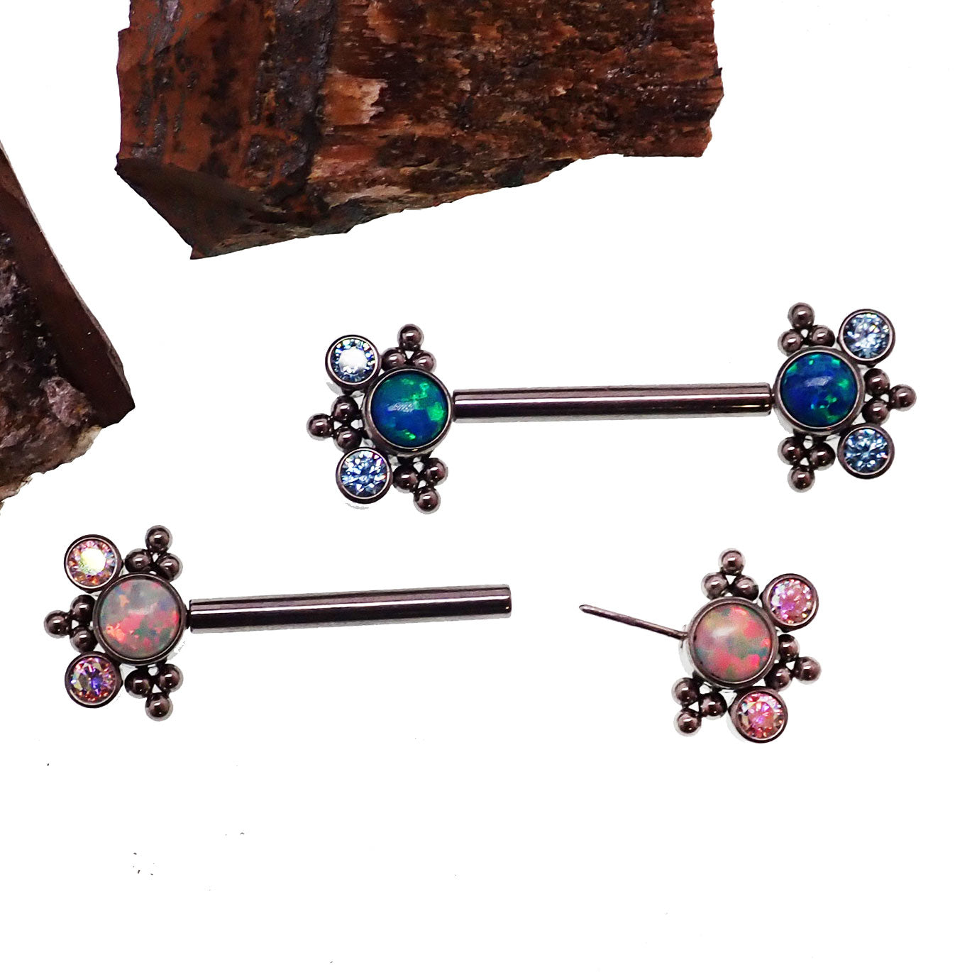 White Opal & CZ Beaded Push Fit Nipple Bar 14g, 16g