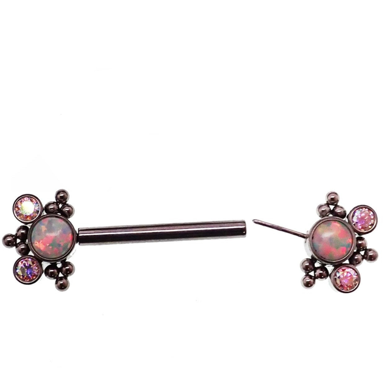 White Opal & CZ Beaded Push Fit Nipple Bar 14g, 16g