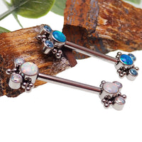 White Opal & CZ Beaded Push Fit Nipple Bar 14g, 16g