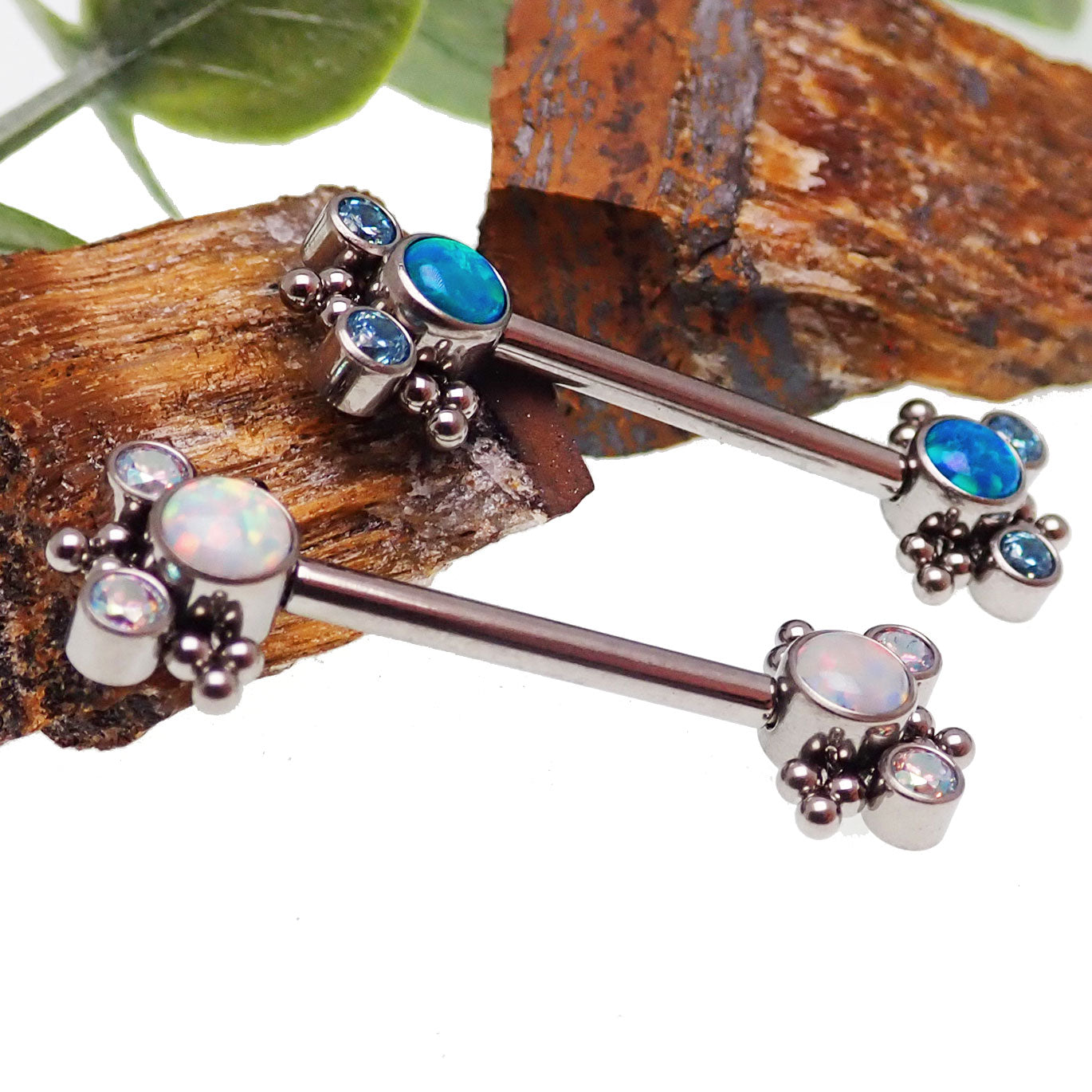 White Opal & CZ Beaded Push Fit Nipple Bar 14g, 16g