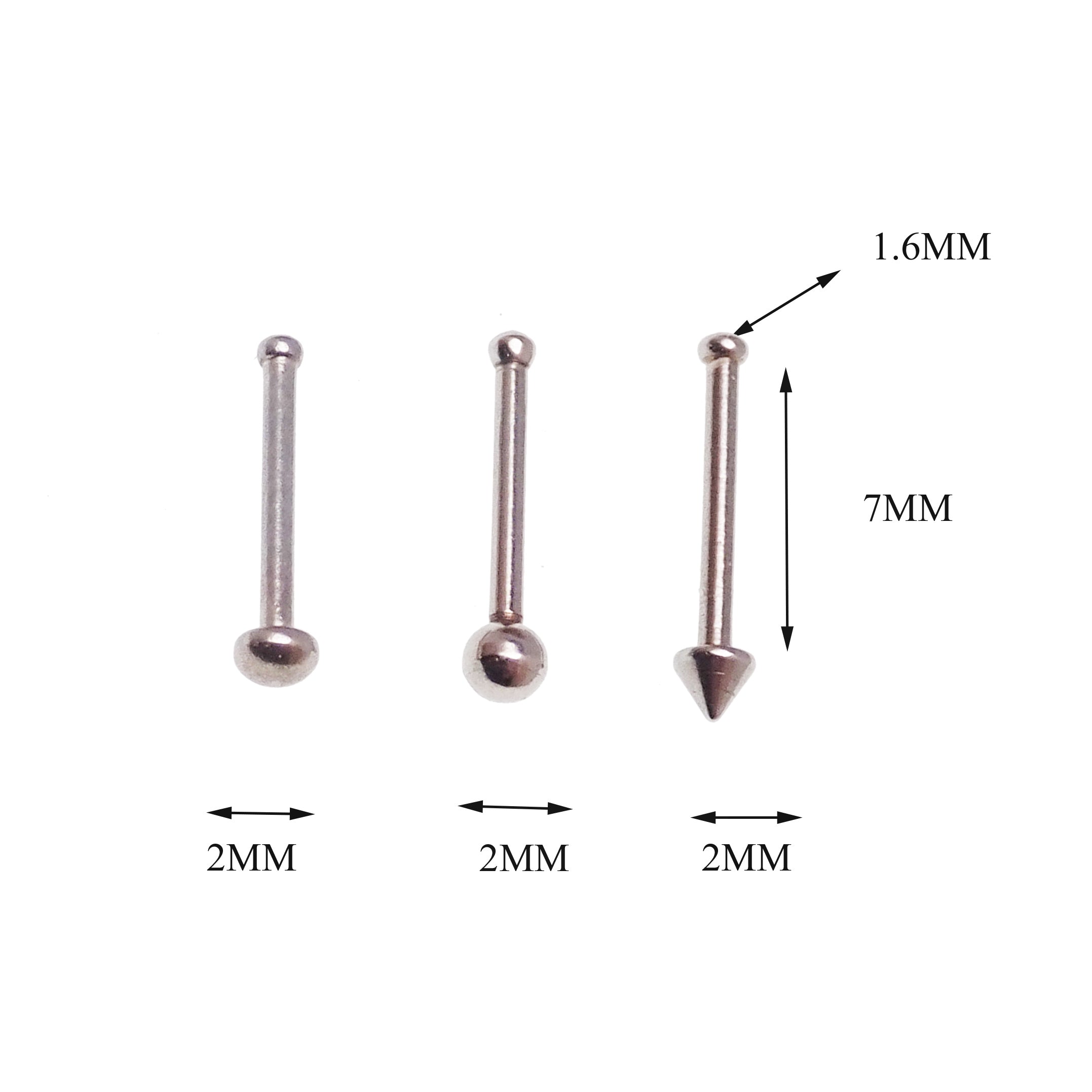 Set of 3 Cone, Ball, Flat Nose Studs 18g