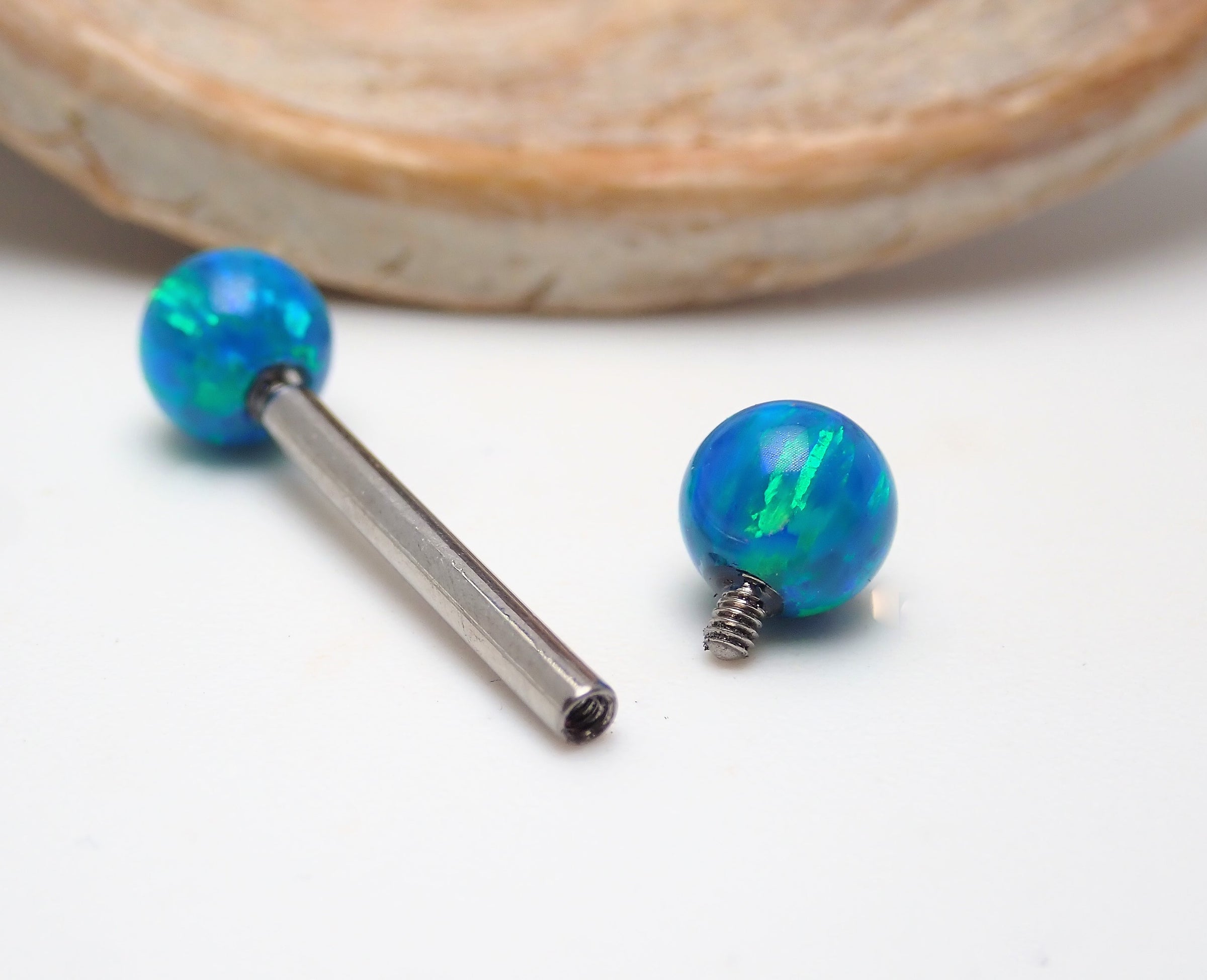 Titanium Barbell Peacock Blue Fire Opals