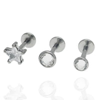 3 Set Full Clear CZ Star & Round CZ Titanium Flatback Piercing 18g, 16g, 14g - Body Clickers Body Jewelry