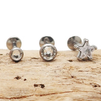3 Set Full Clear CZ Star & Round CZ Titanium Flatback Piercing 18g, 16g, 14g - Body Clickers Body Jewelry