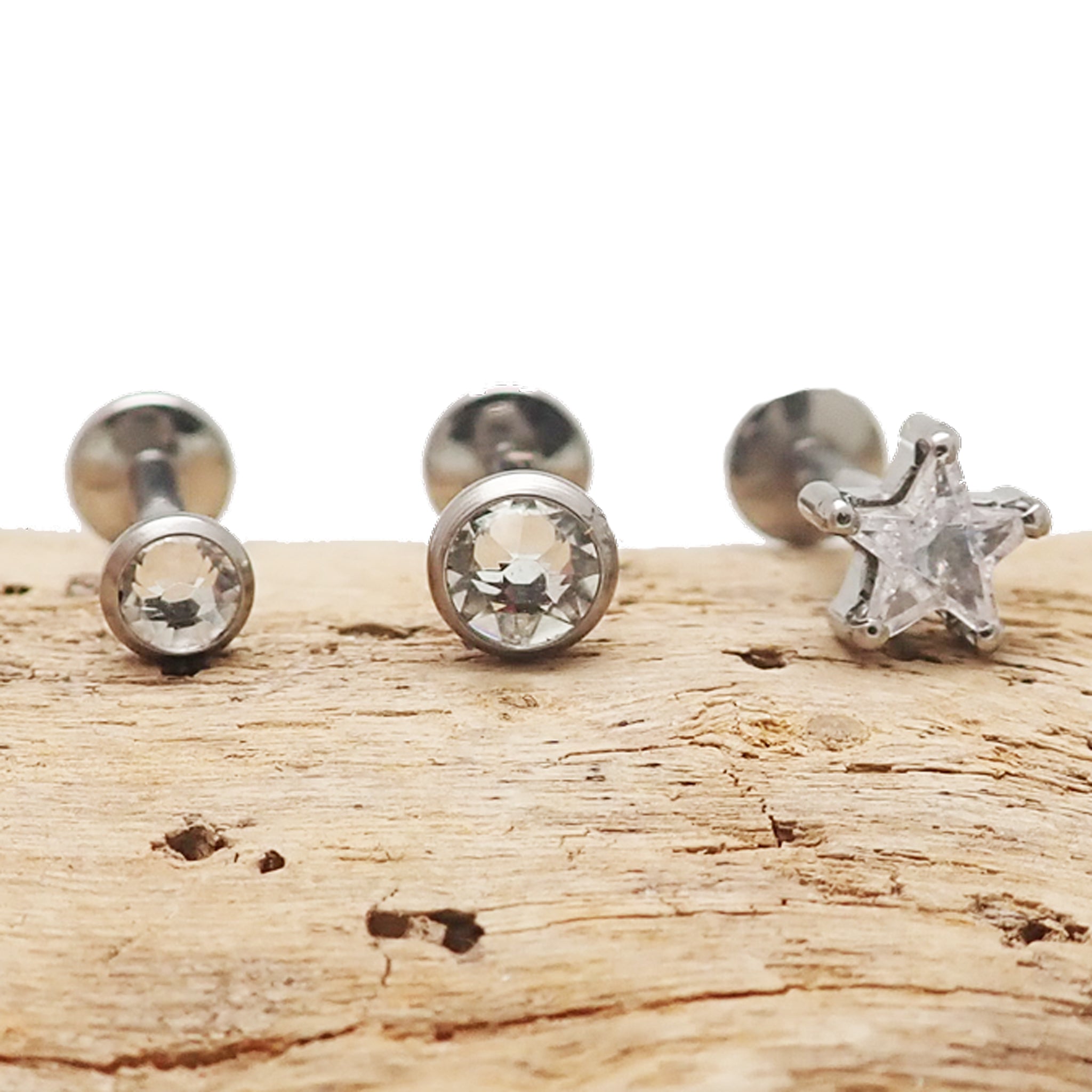 3 Set Full Clear CZ Star & Round CZ Titanium Flatback Piercing 18g, 16g, 14g - Body Clickers Body Jewelry