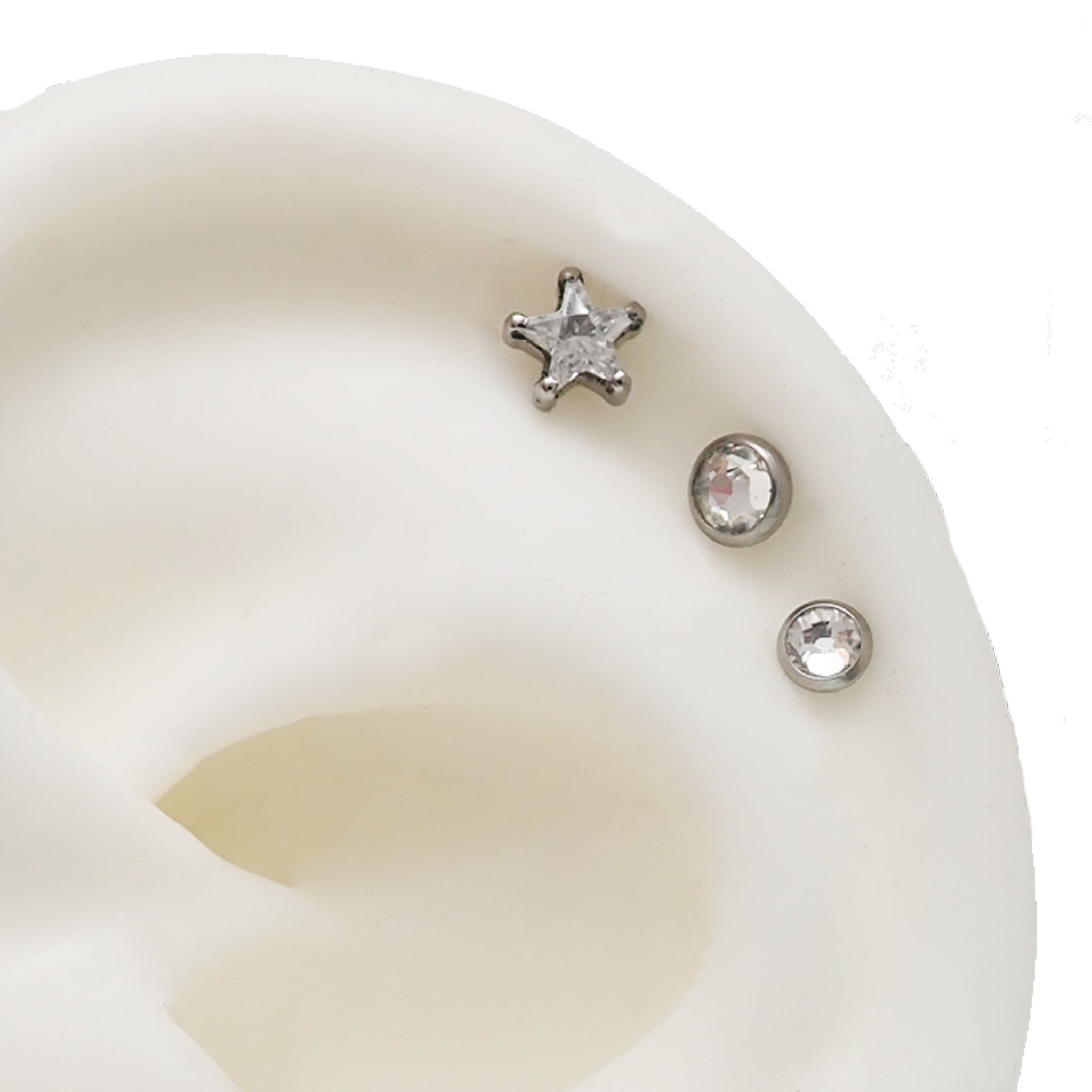 3 Set Full Clear CZ Star & Round CZ Titanium Flatback Piercing 18g, 16g, 14g - Body Clickers Body Jewelry