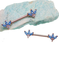 Blue & Clear CZ Rose Gold Flower Steel Nipple Bar 14g - Body Clickers Body Jewelry