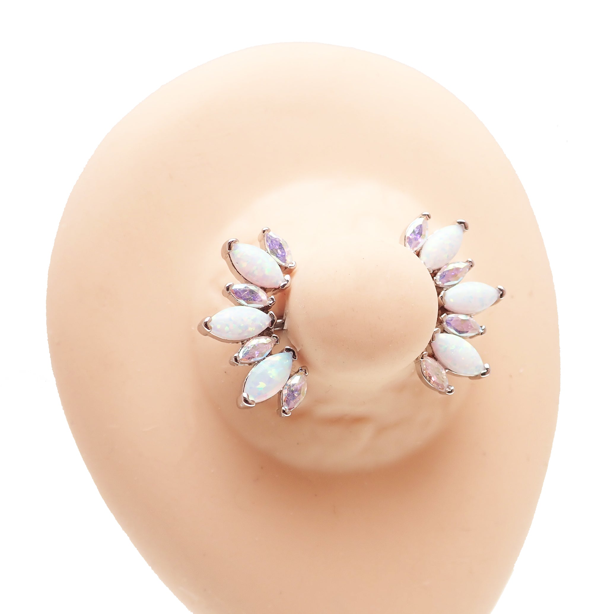 Rainbow CZ & White Opal Silver Steel Nipple Bar 14g - Body Clickers Body Jewelry