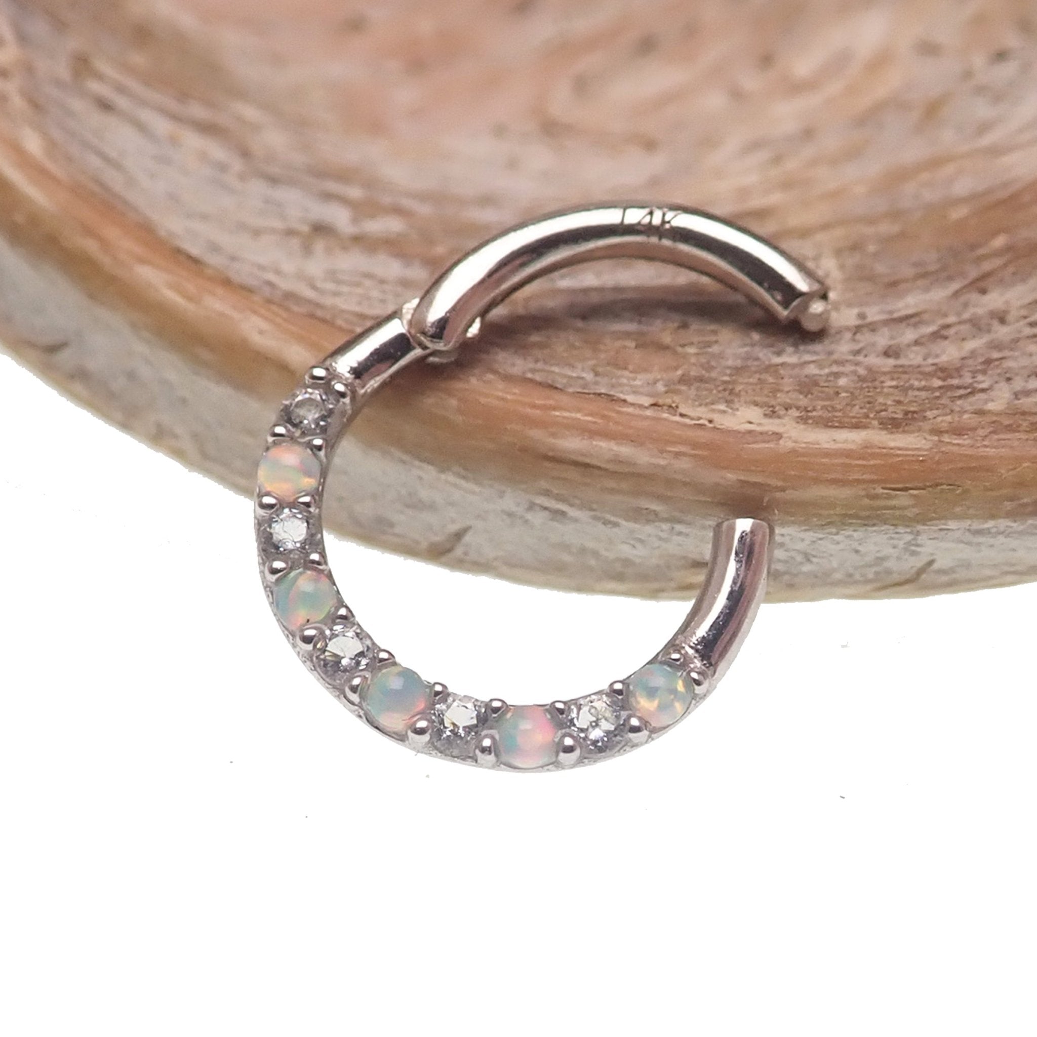 Opal 14k White Gold 16g 8mm Hinged Clicker - Body Clickers Body Jewelry