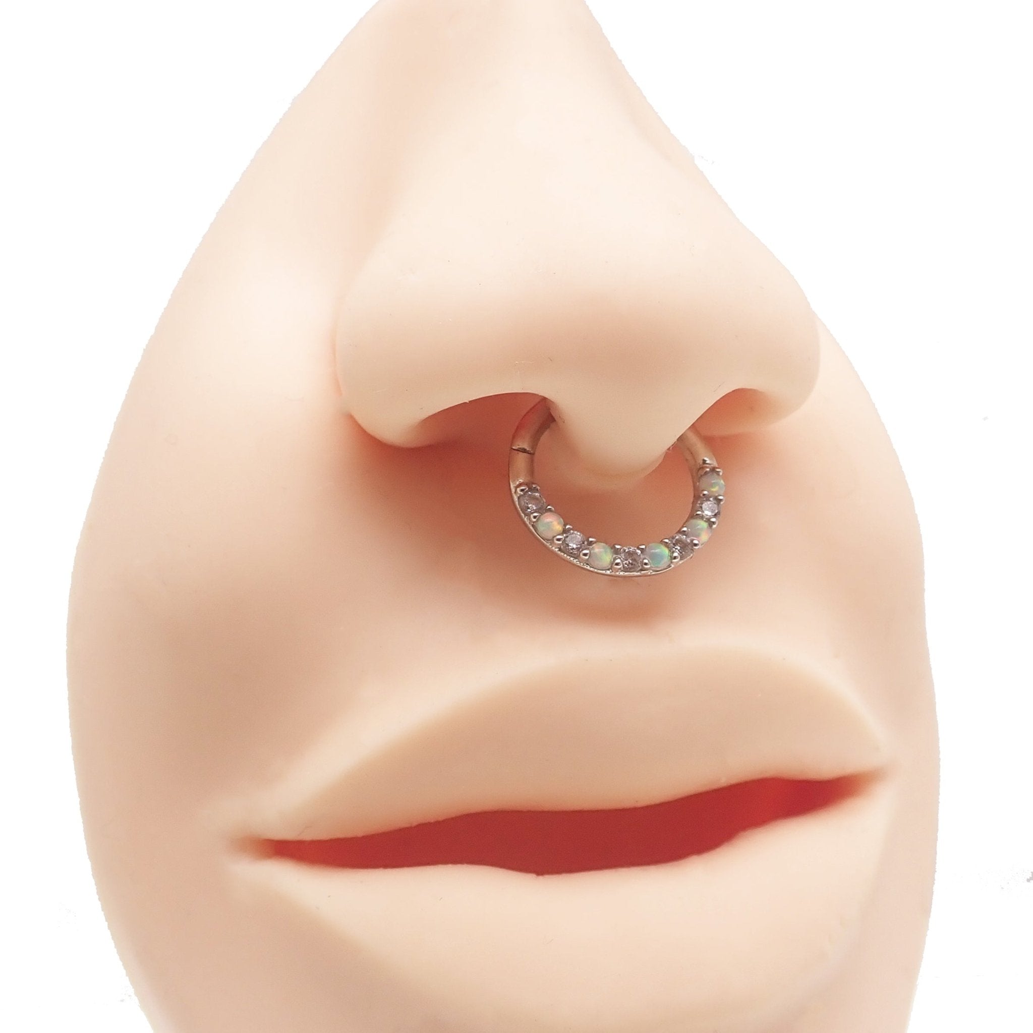 Opal 14k White Gold 16g 8mm Hinged Clicker - Body Clickers Body Jewelry