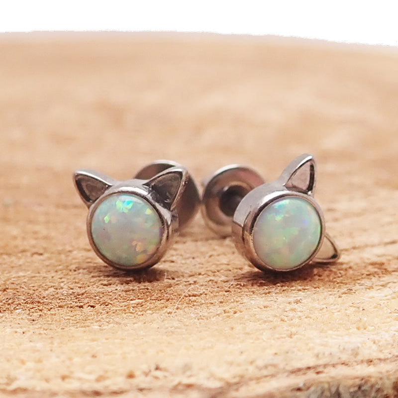 White Fire Opal Cat Titanium Earrings halobes