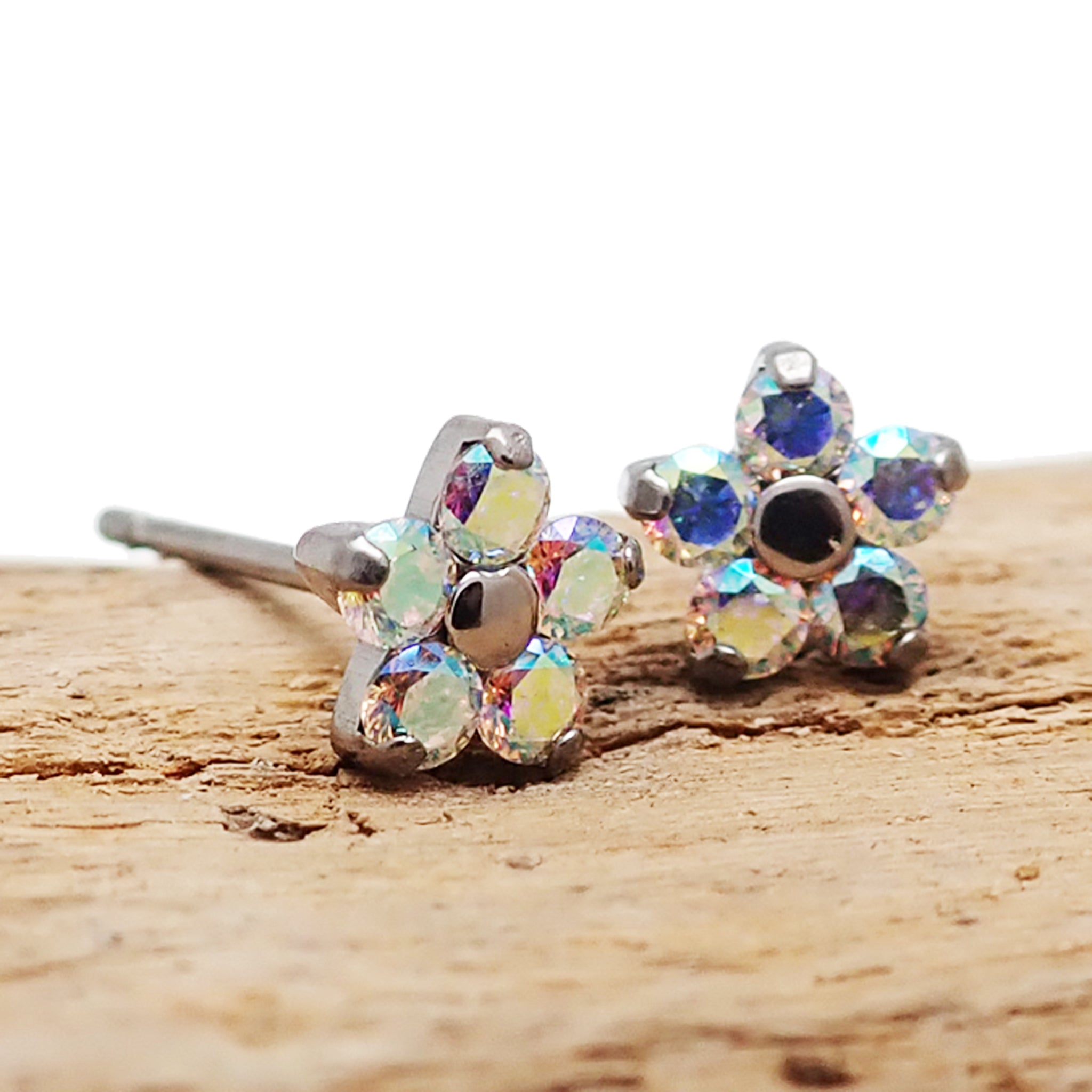 Pair of Rainbow AB CZ Flower Titanium Earrings - Body Clickers Body Jewelry