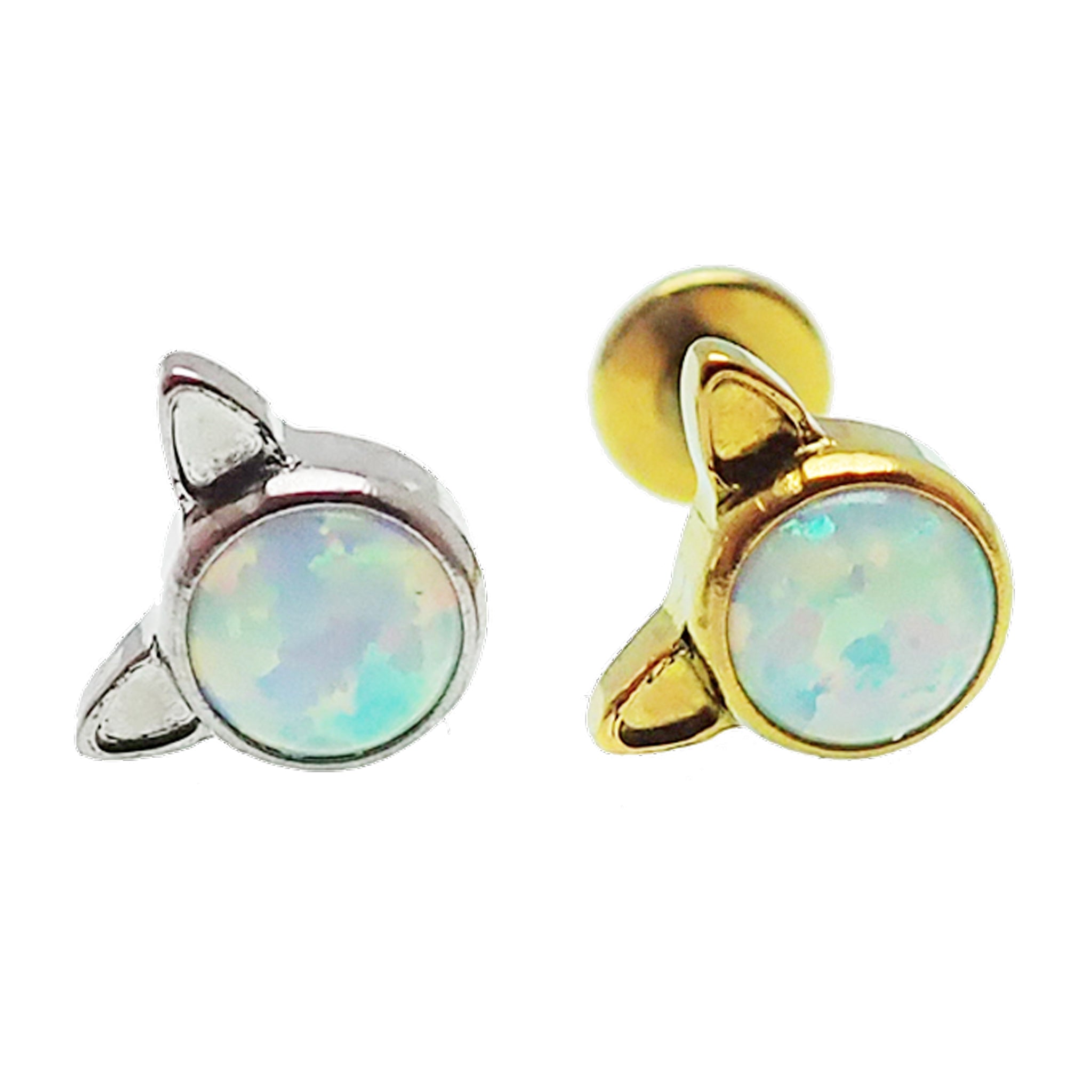 White Opal Cat Titanium Threadless Push Fit Flatback Piercing - 20g, 18g, 16g, 14g - Body Clickers Body Jewelry