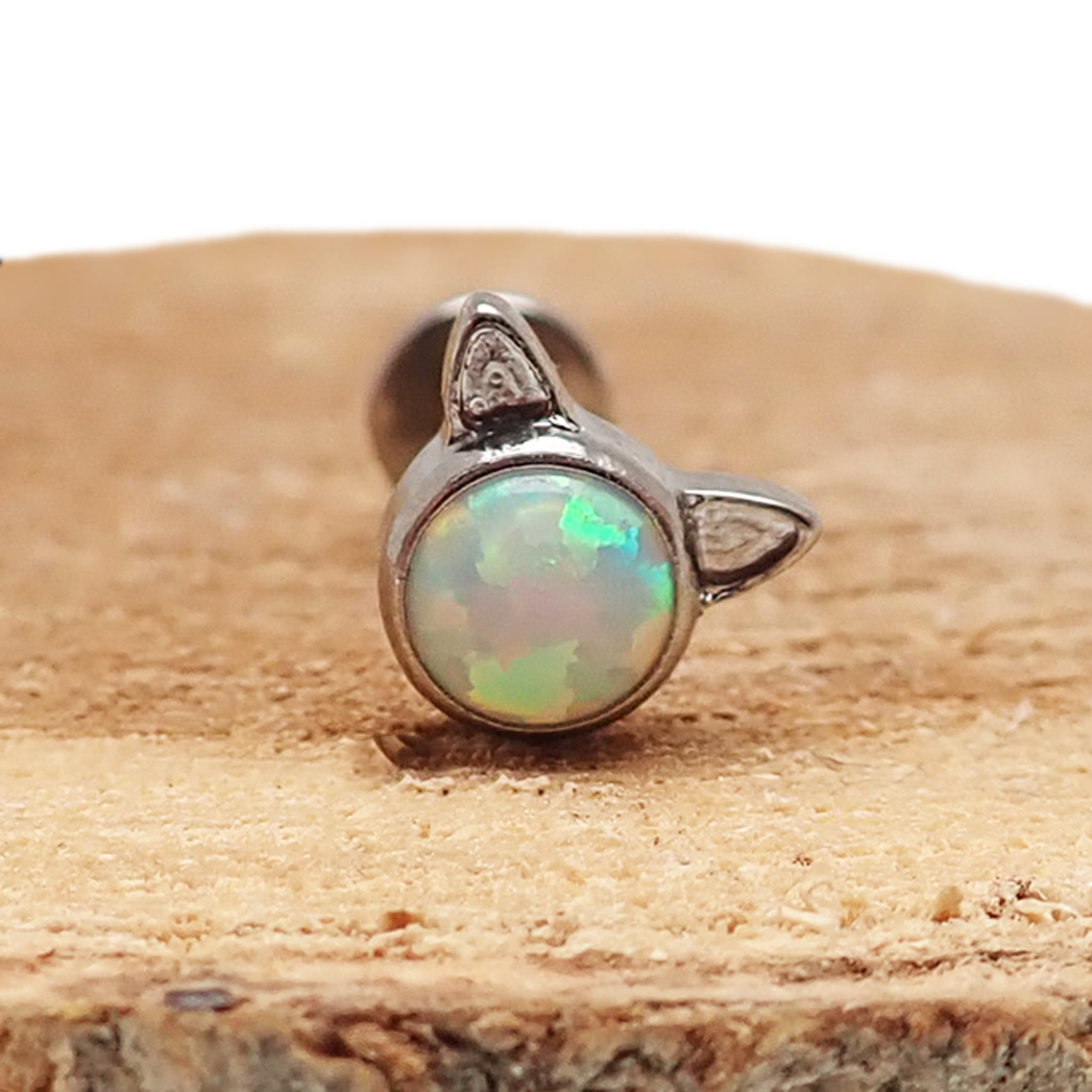 White Opal Cat Titanium Threadless Push Fit Flatback Piercing - 20g, 18g, 16g, 14g - Body Clickers Body Jewelry