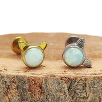 White Opal Cat Titanium Threadless Push Fit Flatback Piercing - 20g, 18g, 16g, 14g - Body Clickers Body Jewelry