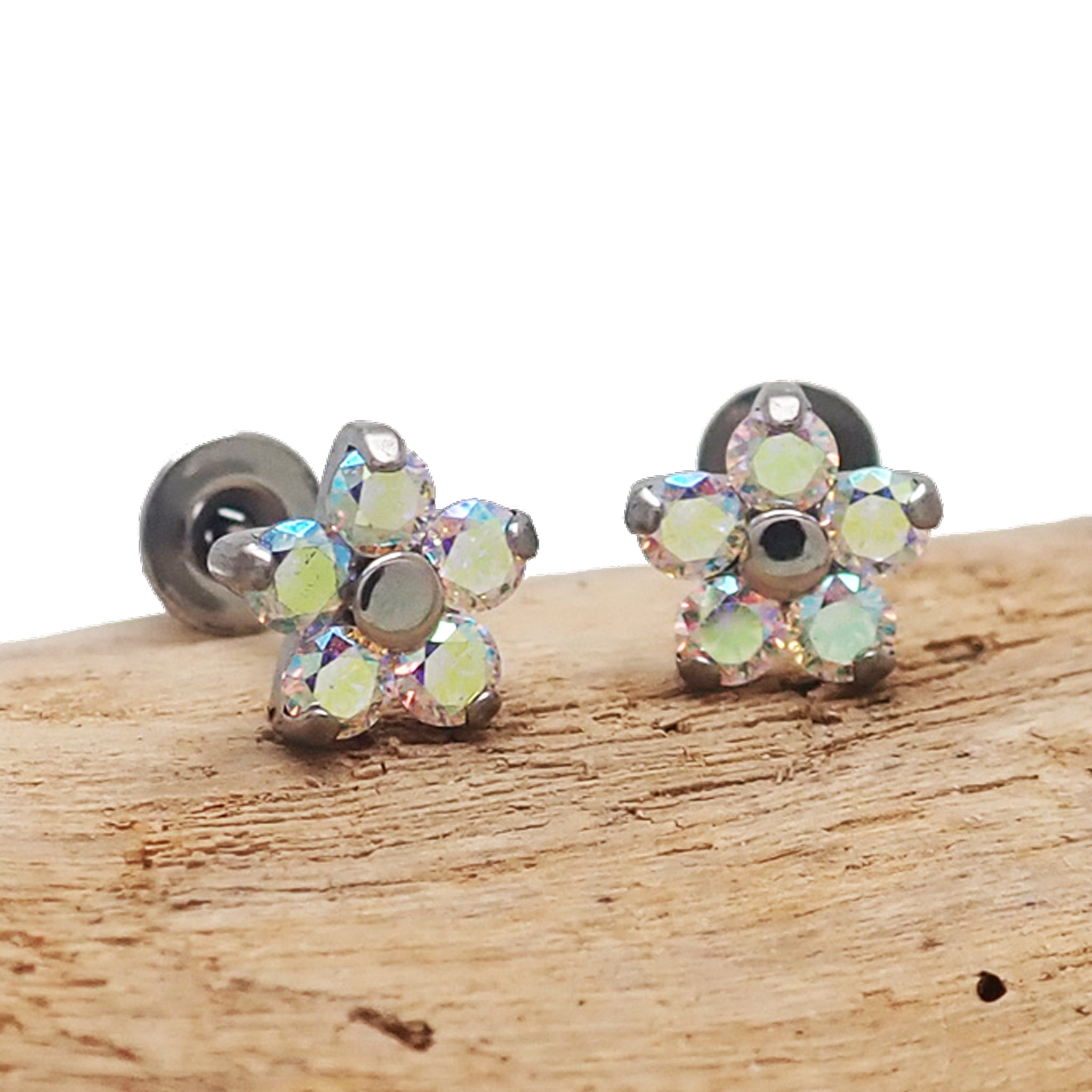 Pair of Rainbow AB CZ Flower Titanium Earrings - Body Clickers Body Jewelry