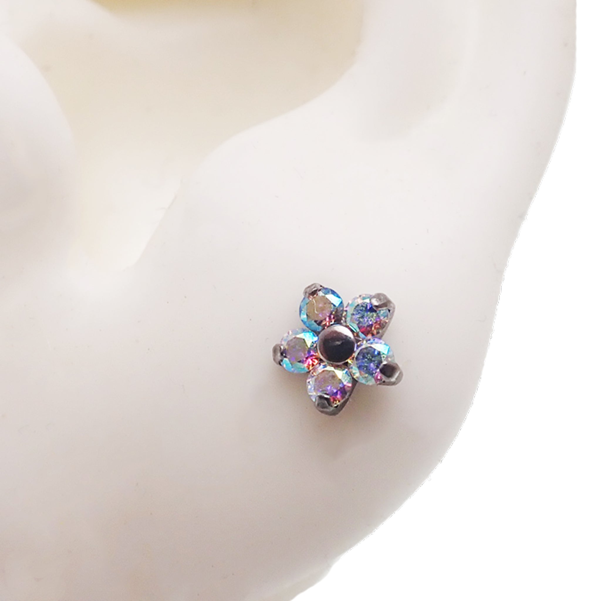 Pair of Rainbow AB CZ Flower Titanium Earrings - Body Clickers Body Jewelry