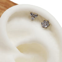 2 - Piece Clear CZ Trinity & Flower Titanium Flatback Piercing - 18g, 16g, 14g - Body Clickers Body Jewelry