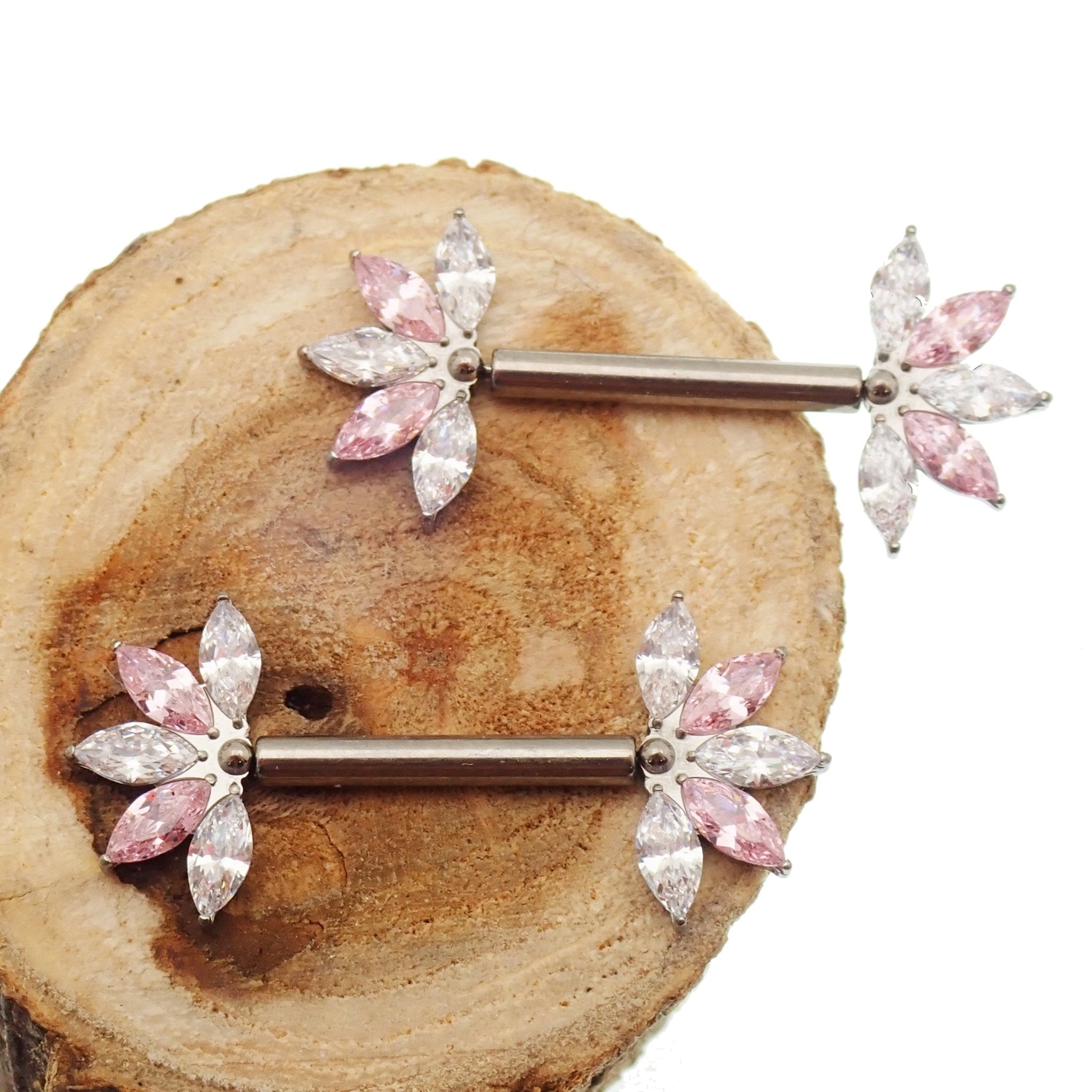 Pink & Clear CZ Flower Titanium Nipple Bar 12g, 16g, 14g - Body Clickers Body Jewelry