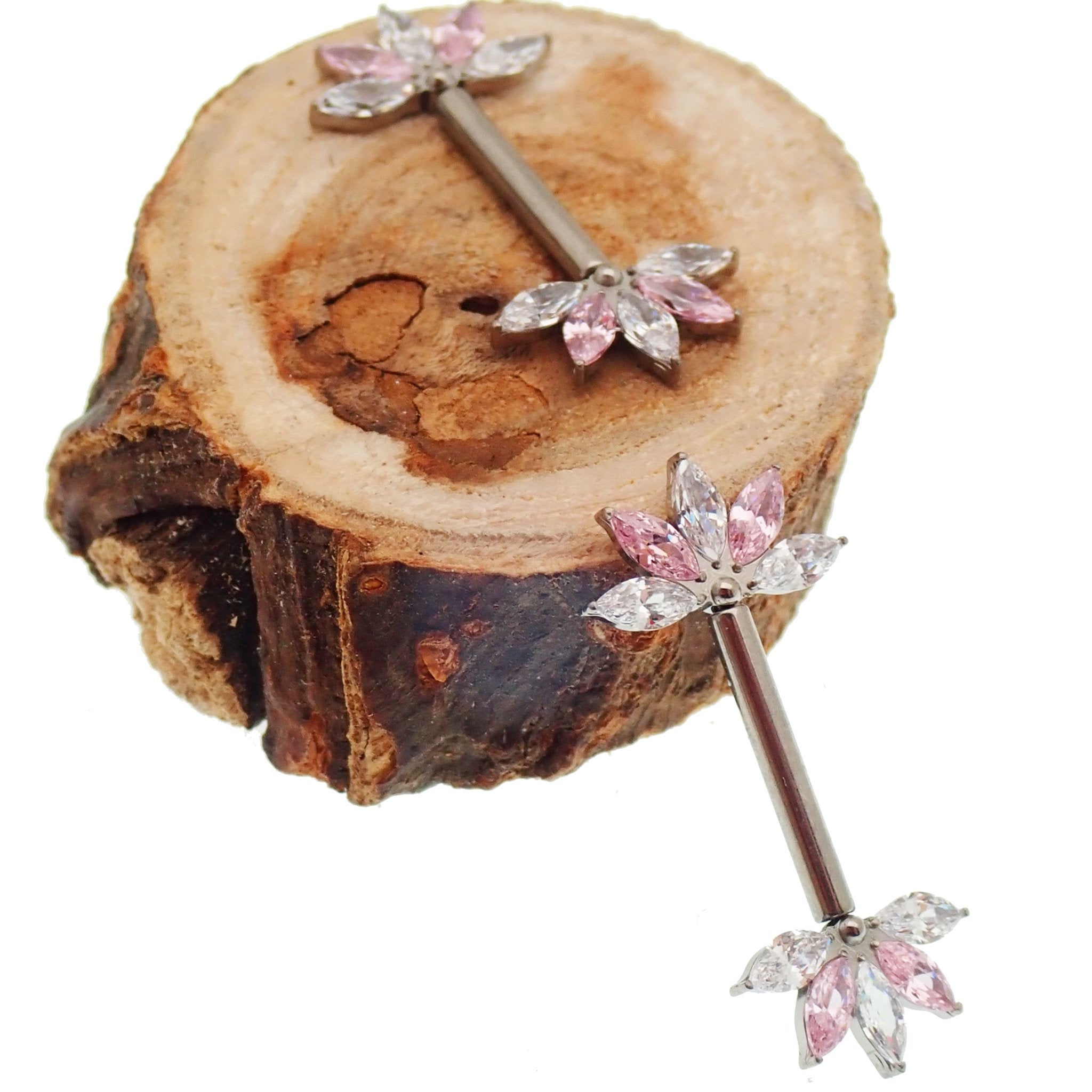 Pink & Clear CZ Flower Titanium Nipple Bar 12g, 16g, 14g - Body Clickers Body Jewelry