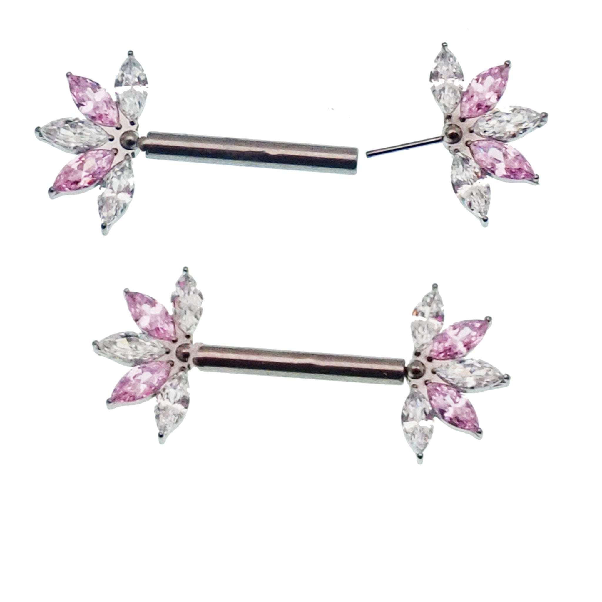 Pink & Clear CZ Flower Titanium Nipple Bar 12g, 16g, 14g - Body Clickers Body Jewelry