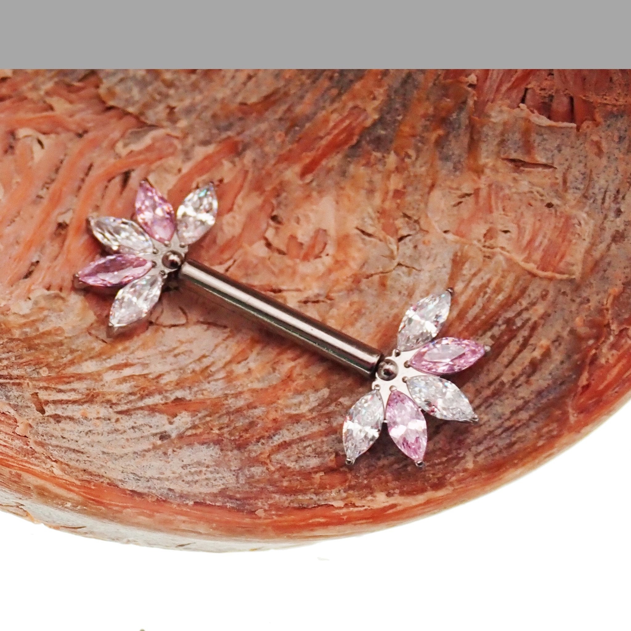 Pink & Clear CZ Flower Titanium Nipple Bar 12g, 16g, 14g - Body Clickers Body Jewelry