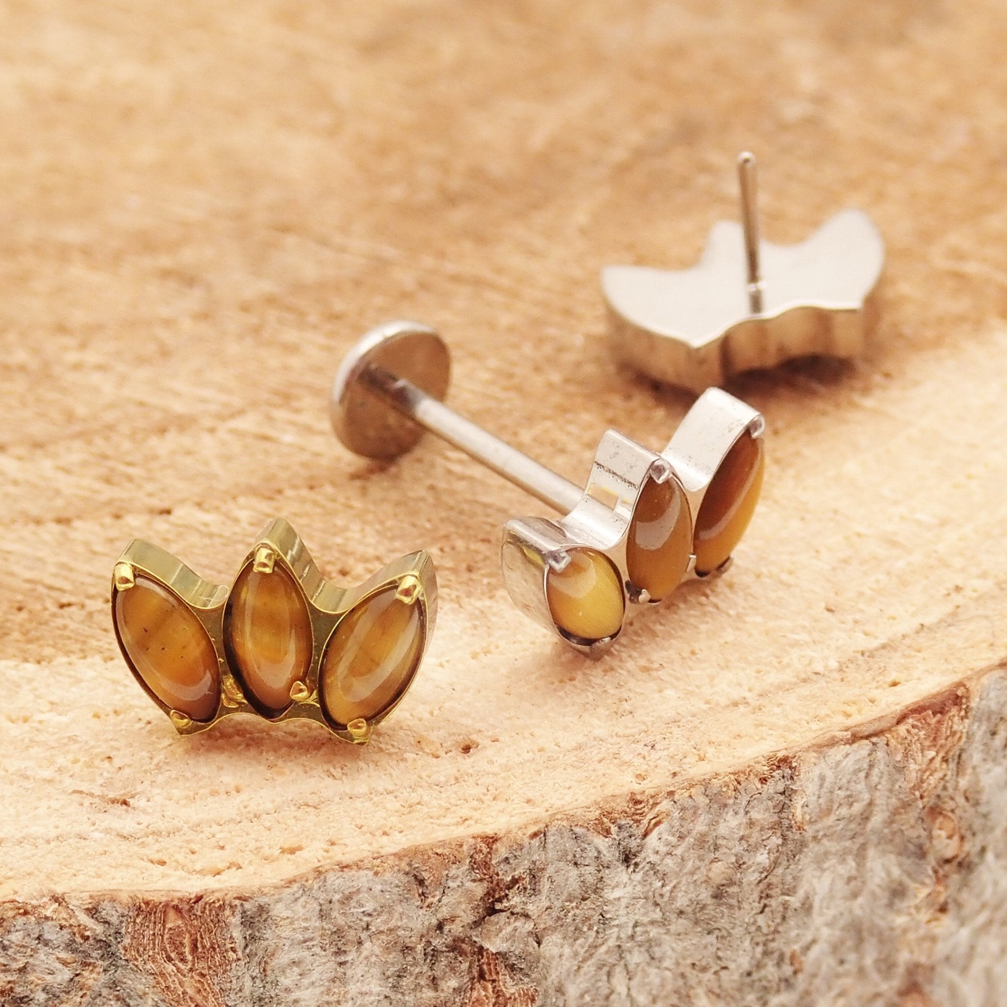 Tiger's Eye Lotus Push Fit Flatback Titanium 20g, 18g, 16g, 14g - Body Clickers Body Jewelry