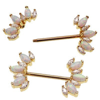 Clear CZ & White Opal Gold - Dipped Steel Nipple Bar 14g - Body Clickers Body Jewelry