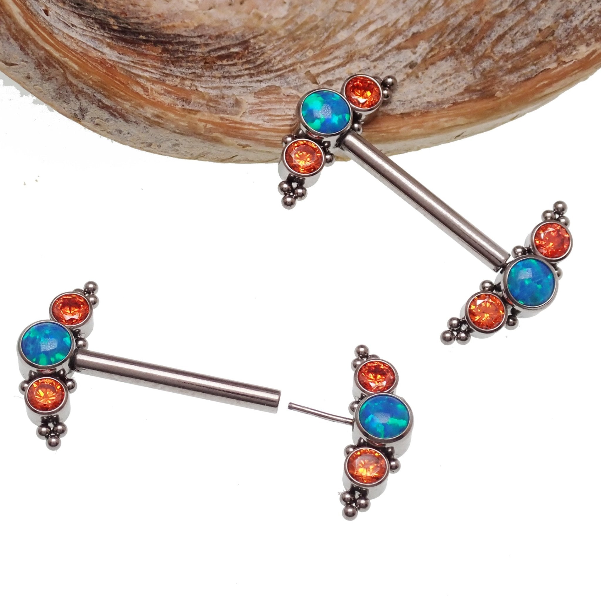 Teal Opal & Orange CZ Push Fit Nipple Bar 14g - Body Clickers Body Jewelry