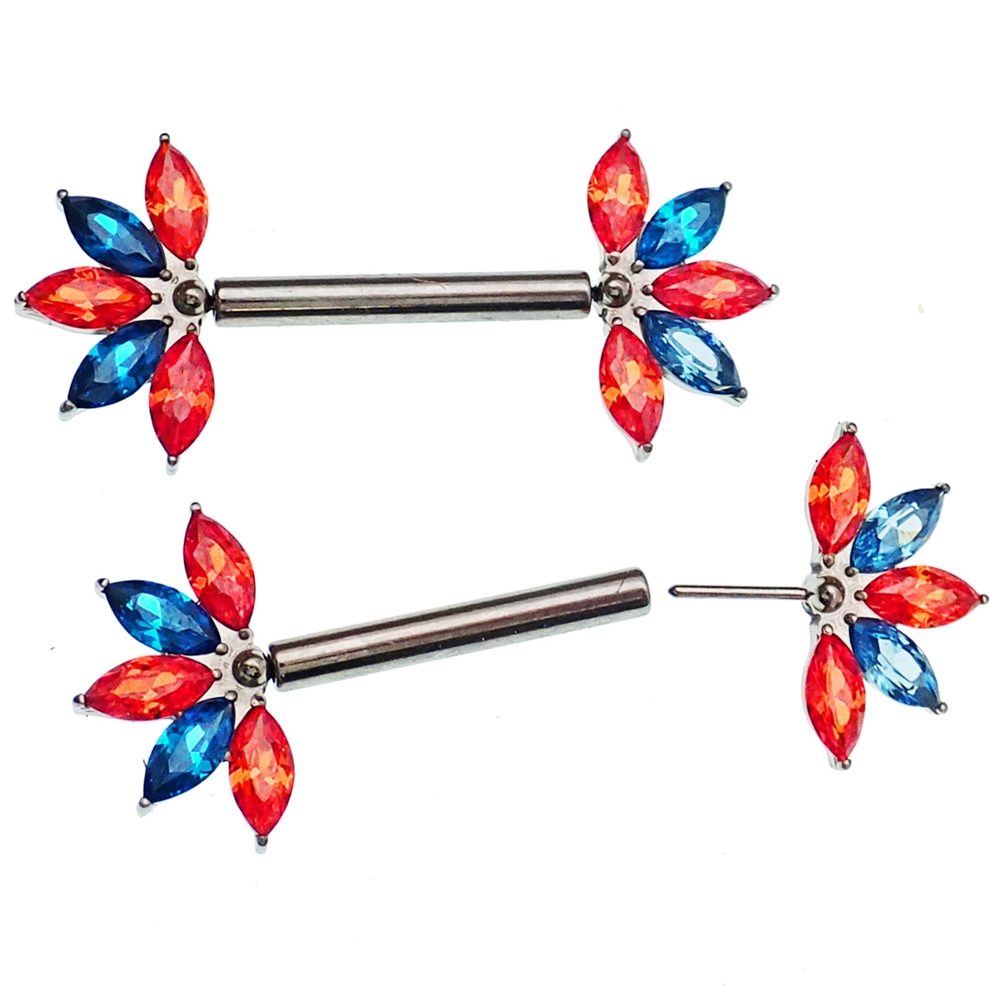 Orange & Blue CZ Flower Titanium Nipple Bar 12g, 16g, 14g - Body Clickers Body Jewelry