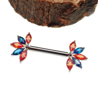 Orange & Blue CZ Flower Titanium Nipple Bar 12g, 16g, 14g - Body Clickers Body Jewelry