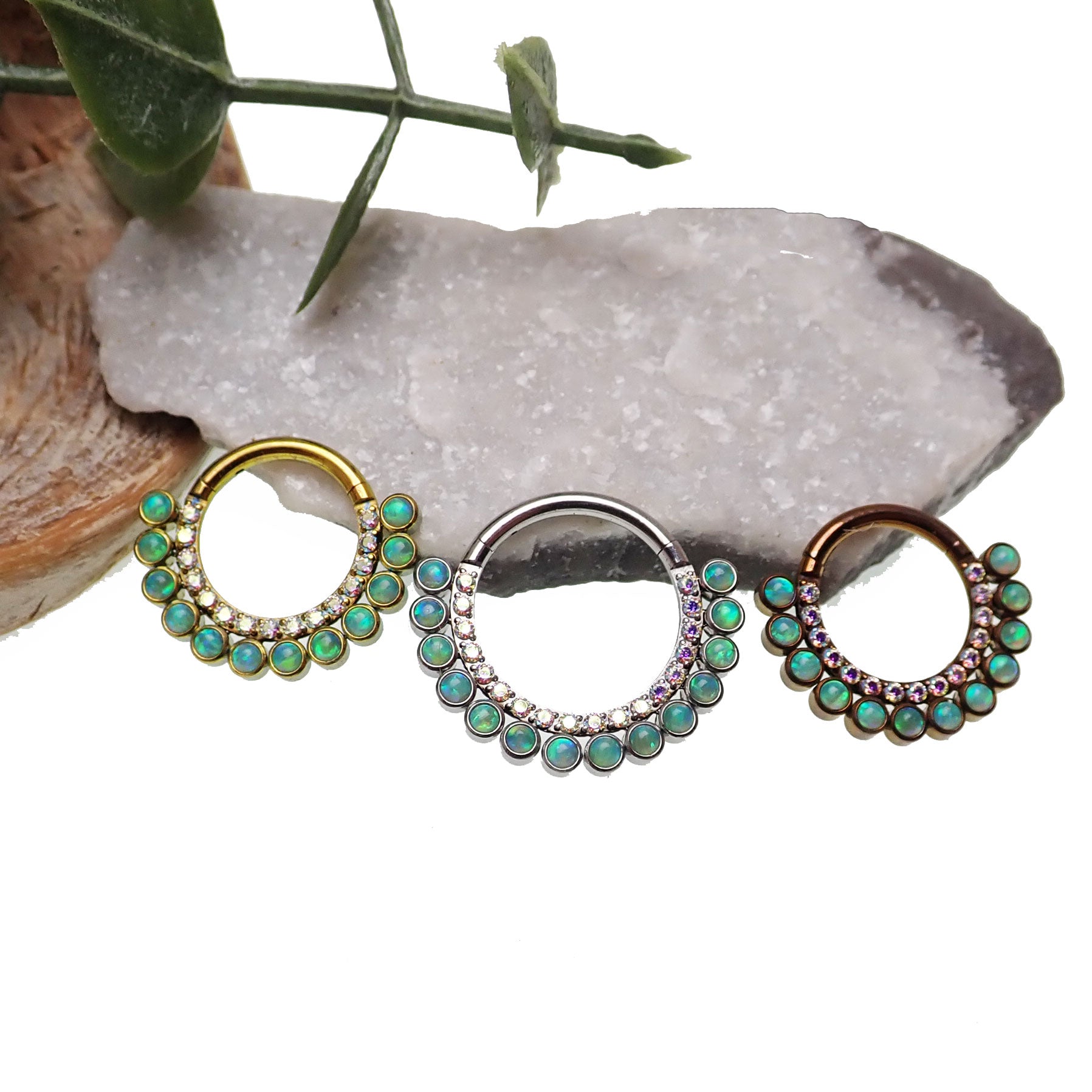 Kiwi Green Opals & Rainbow CZ Double Row Clicker 16g