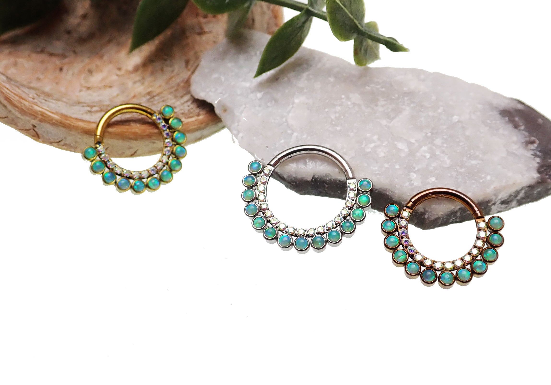Kiwi Green Opals & Rainbow CZ Double Row Clicker 16g