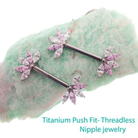 Pink & Clear CZ Flower Titanium Nipple Bar 12g, 16g, 14g - Body Clickers Body Jewelry
