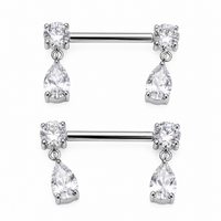 Pair of silver 14g 16g, 12g nipple piercings with teardrop-shaped gemstones on a white background