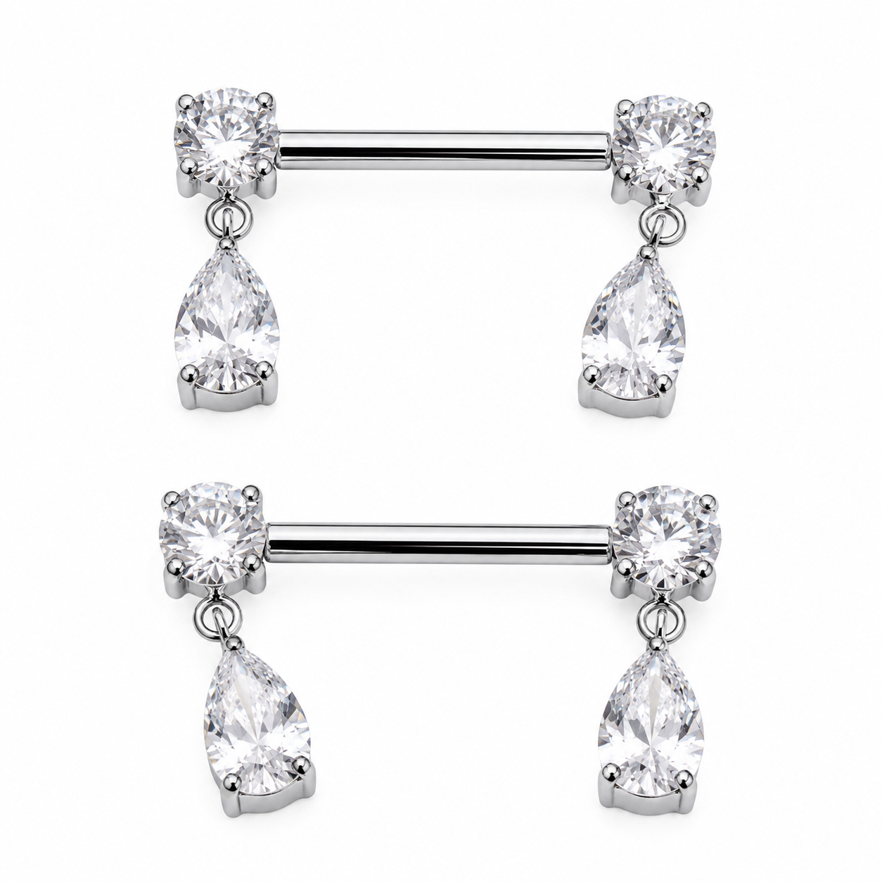 Pair of silver 14g 16g, 12g nipple piercings with teardrop-shaped gemstones on a white background
