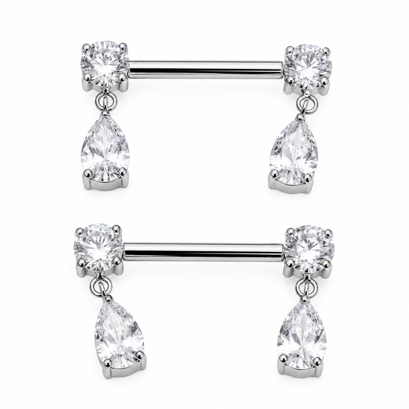 Pair of silver 14g 16g, 12g nipple piercings with teardrop-shaped gemstones on a white background