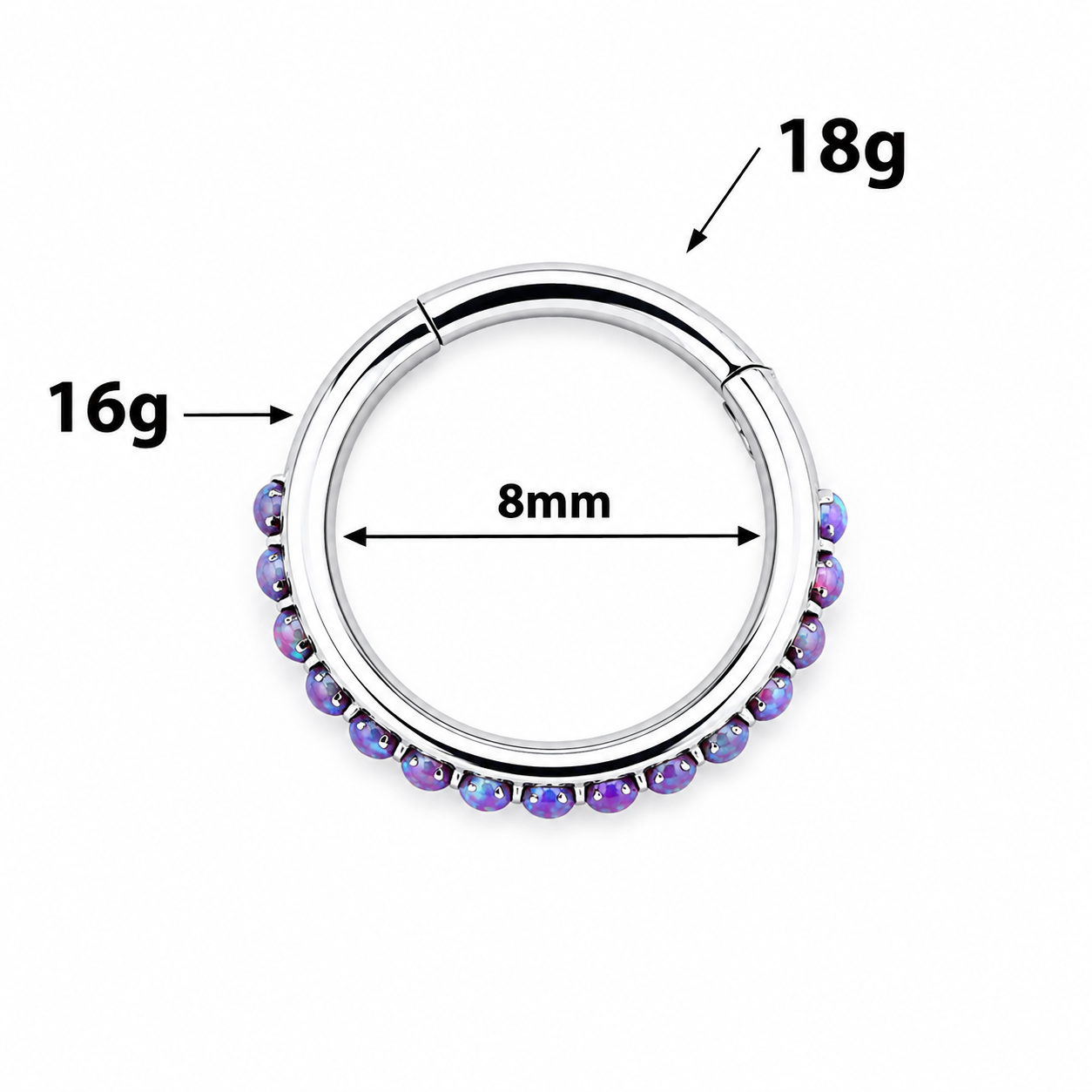 NOSE ring with purple beads and size markings on a white background