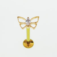 PVD Gold Butterfly with CZ and Titanium Flatback Piercing: Internally Threaded (18g, 16g, 14g)