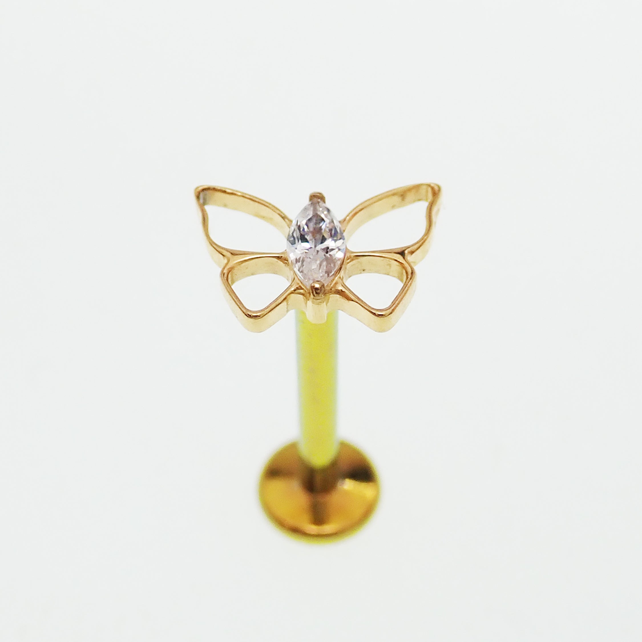PVD Gold Butterfly with CZ and Titanium Flatback Piercing: Internally Threaded (18g, 16g, 14g)