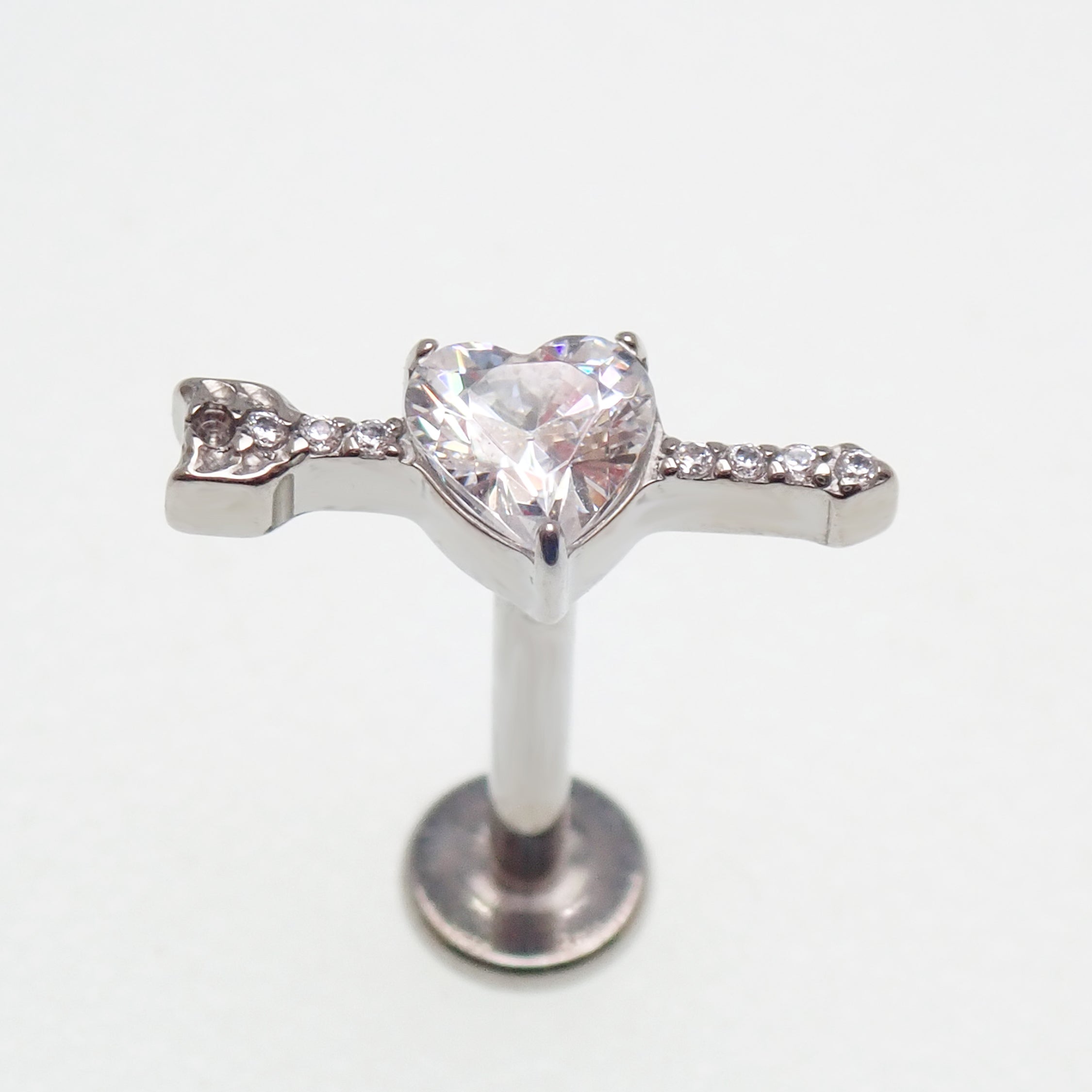 CZ Arrow through a Heart Titanium Flatback/ Labret Piercing 18g, 16g, 14g
