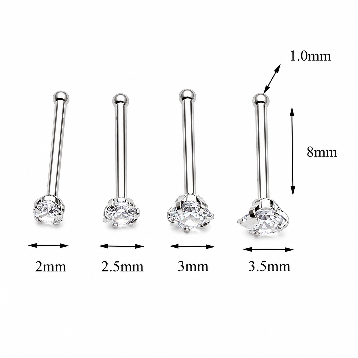 Set of 4 - Nose Stud CZ Star, Circle, Square, & Heart 20g